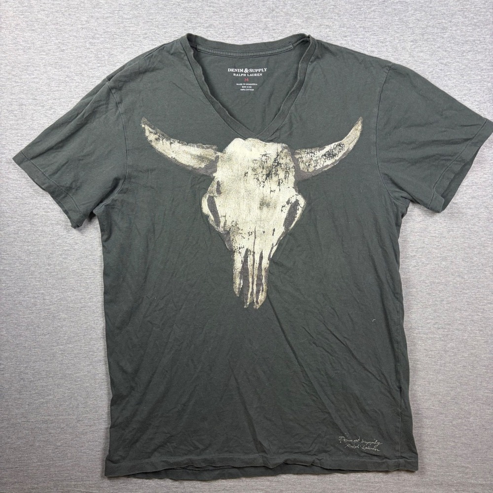 Denim & Supply Ralph Lauren T-Shirt Women M Black Steer Skull V-Neck Graphic Tee